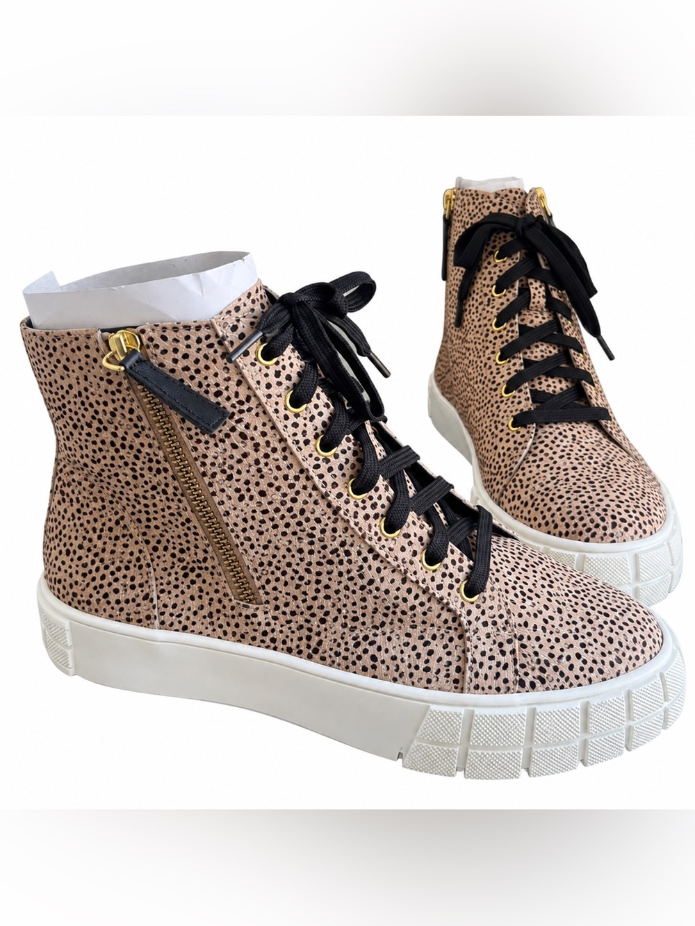 Linea Paolo Gio 2-L Platform High Top Sneaker Spotted Calf Hair Beige Black 8.5